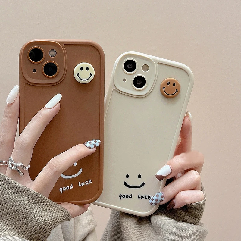 

Cute 3D Smiley Couple Phone Case For iPhone 11 13 12 14 Pro Max XS XR X 14 Plus Good Luck Soft Back Cover Bumper