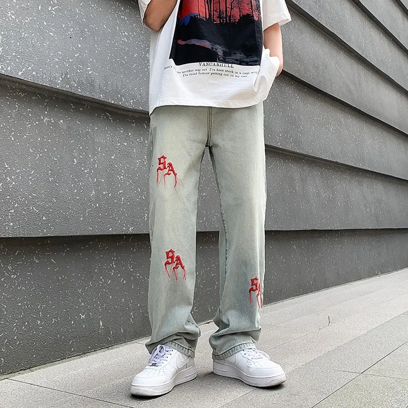 DEEPTOWN Y2K Embroidered Straight Jeans Men Retro Red Letter Loose Denim Pants Casual Hip Hop Trousers Male Streetwear Fashion