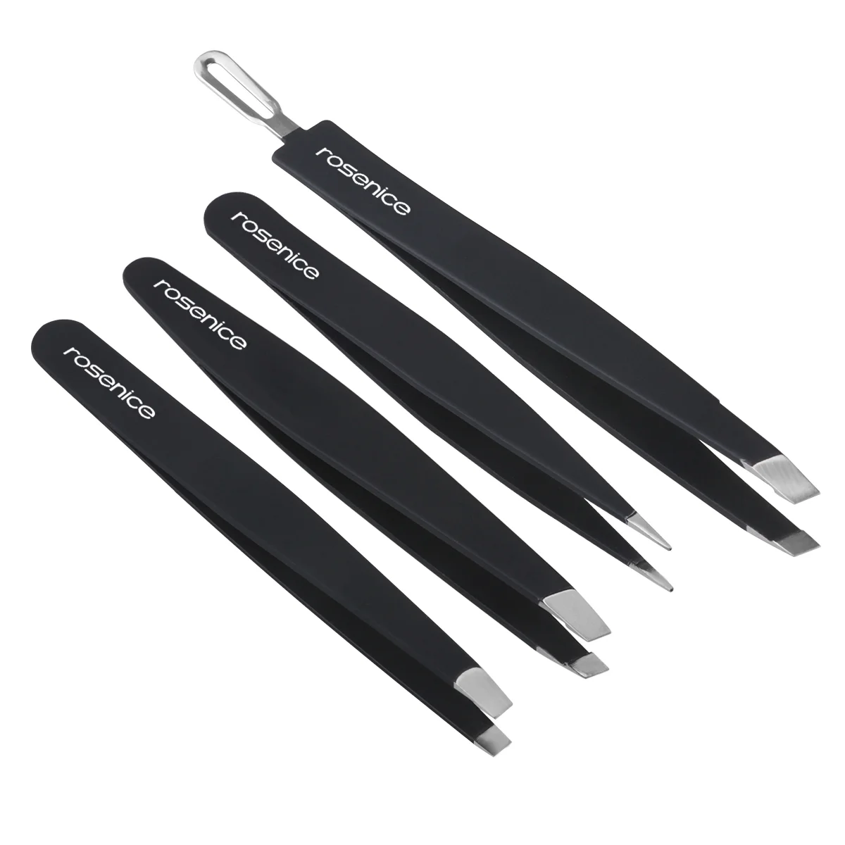 

Rosenice 4pcs Professional 401 Stainless Steel Slant Tip Tweezer Best Precision Eyebrow Tweezers Kit with Rubber Painted (Black)