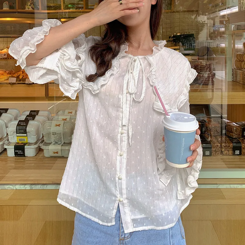 

Новинка Весна 2022 стильная шифоновая рубашка с длинными рукавами Женская Тонкая блузка с оборками в виде грибка с длинными расклешенными ру...