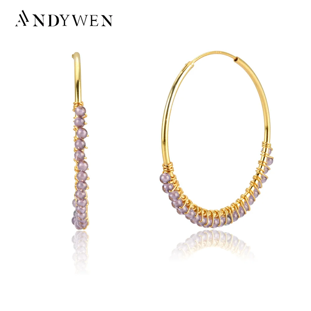 Кольцо ANDYWEN из стерлингового серебра 925 пробы с фиолетовыми бусинами 40 мм, полый пирсинг, петля 2020, рок, панк, модные роскошные большие ювелир...