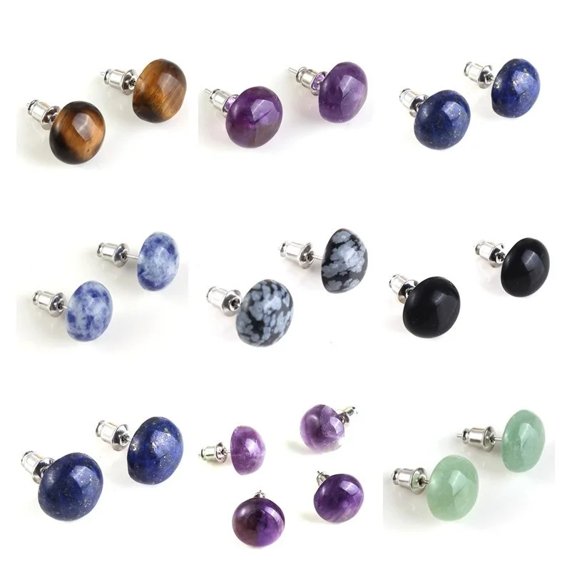 

8mm 10mm 12mm Natural Stone Stainless Steel Stud Earring Tiger Eye Opal Amethyst Rose Quartz Earrings for Women Girl Jewelry