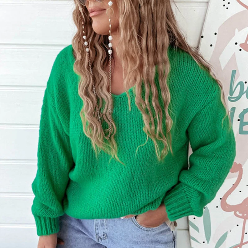 

Women Fashion V Neck Knitted Sweater New Spring Casual Solid Long Sleeve Sweater Autumn Simple Commute Loose Top Pullover Jumper
