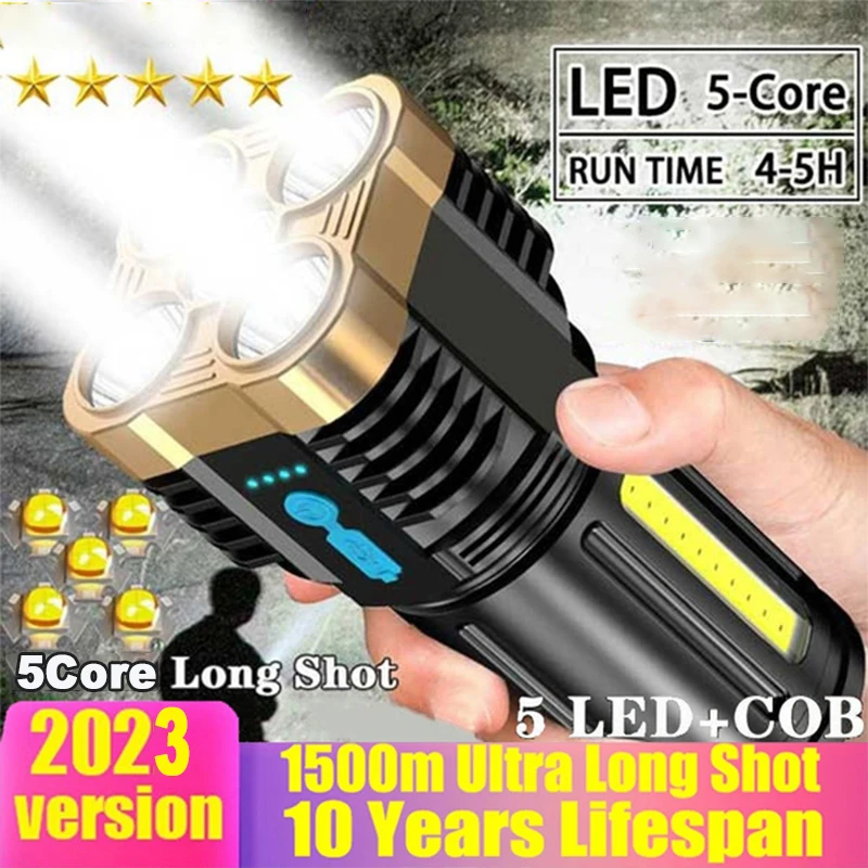 

5LED Flashlight Powerful Portable Spotlight Outdoor COB Side Light Waterproof Rechargeable USB Torch 4 Modes Searchlight