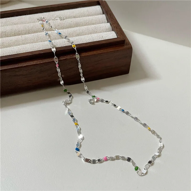 

S925 Sterling Silver Korean Style Rainbow Drip Glazed Fashion Pig Nose Clavicle Chain Korean Simple Personalized Clavicle Chain