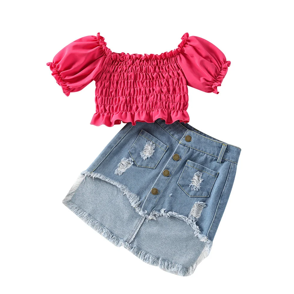 

2022 2-7y Kids Girls Summer Clothing Rose Red Off Shoulder Pleated Puff Short Sleeve Blouse+holes Button Denim A-line Skirt 2pcs
