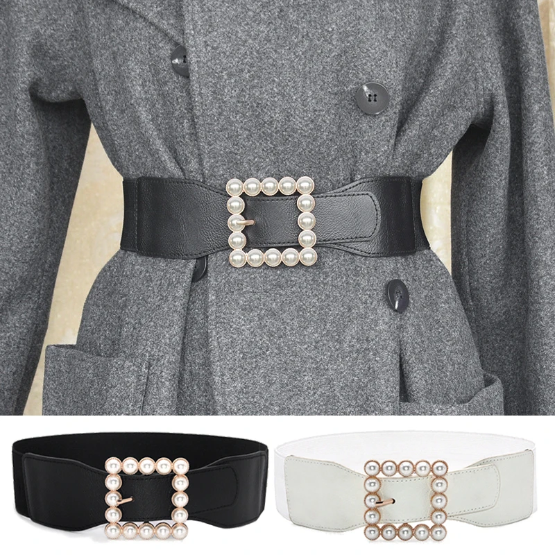 

New Fashion Women Elastic Corset Wide Waist Belt Cummerbunds Belt Large Square Pearl Buckle Stretch Pearl Dress Coat Waistbands