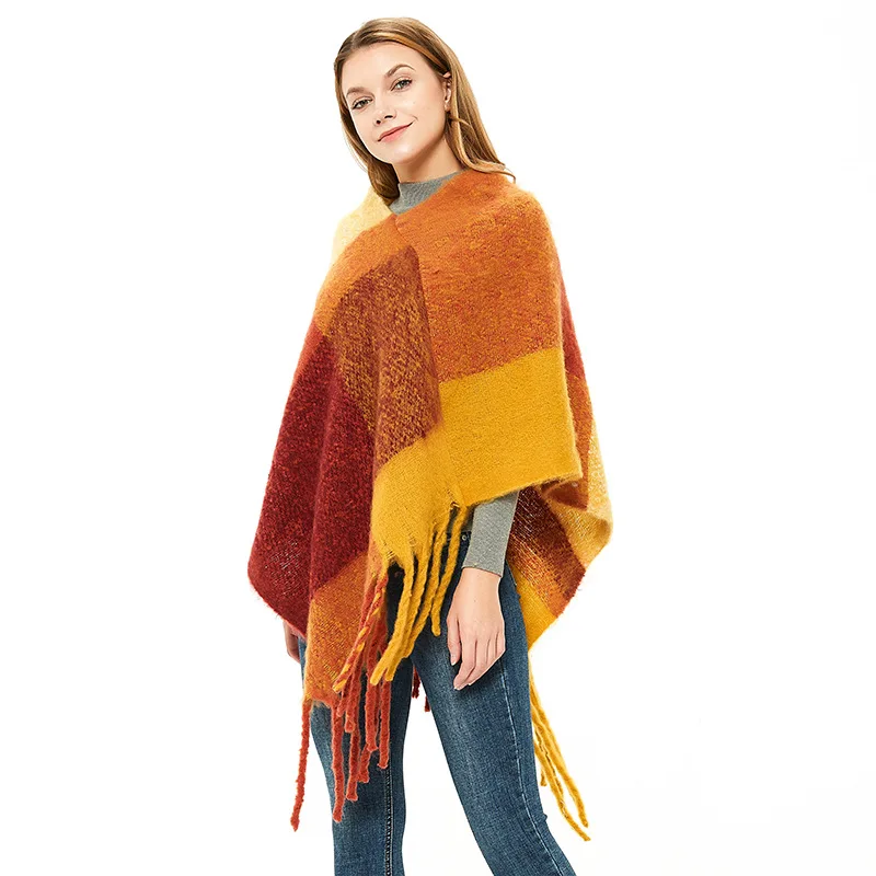 

CHENKIO Women's Elegant Knitted Shawl Poncho with Fringed V-Neck Plaid Sweater Pullover Cape Gifts for Women Ponchos for Women