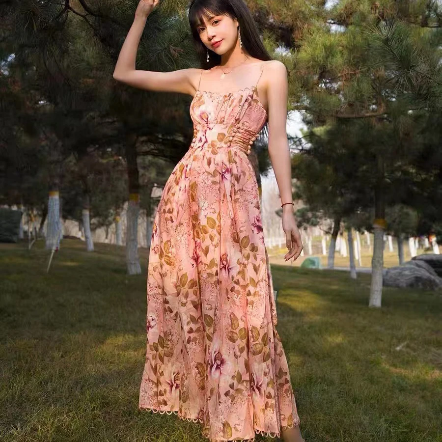 

Wave Lace Floral Dress Summer Elegant Fashion Button Strap Waist Dresses for Women Casual Midi Slip Dress Vintage Sundress
