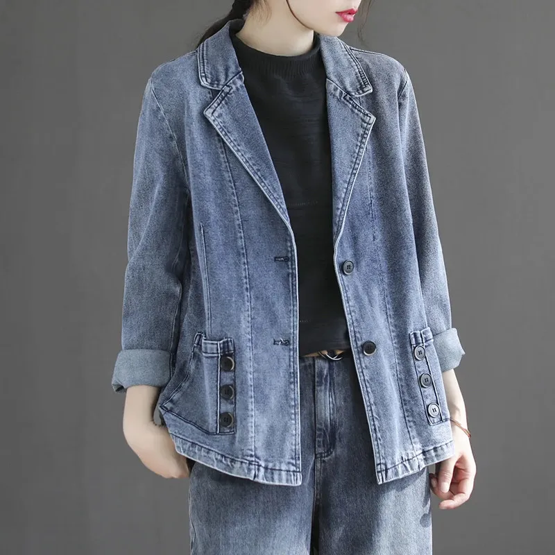 

Куртка женская джинсовая в винтажном стиле, повседневная Короткая свободная верхняя одежда из денима, ковбойская Базовая куртка, весна-осень 2023