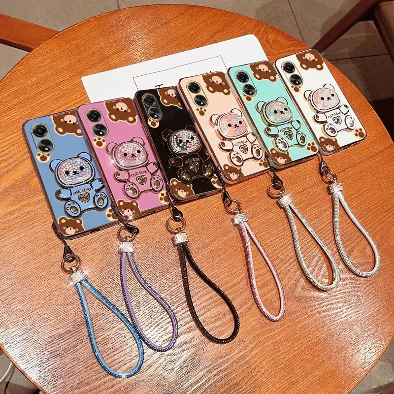 Diamond Wrist Strap Cute Bear Phone Holder Case On For Oppo A96 A97 A95 A94 A93S A92S A91 A83 A78 A74 A72 4G 5G Stand Back Cover