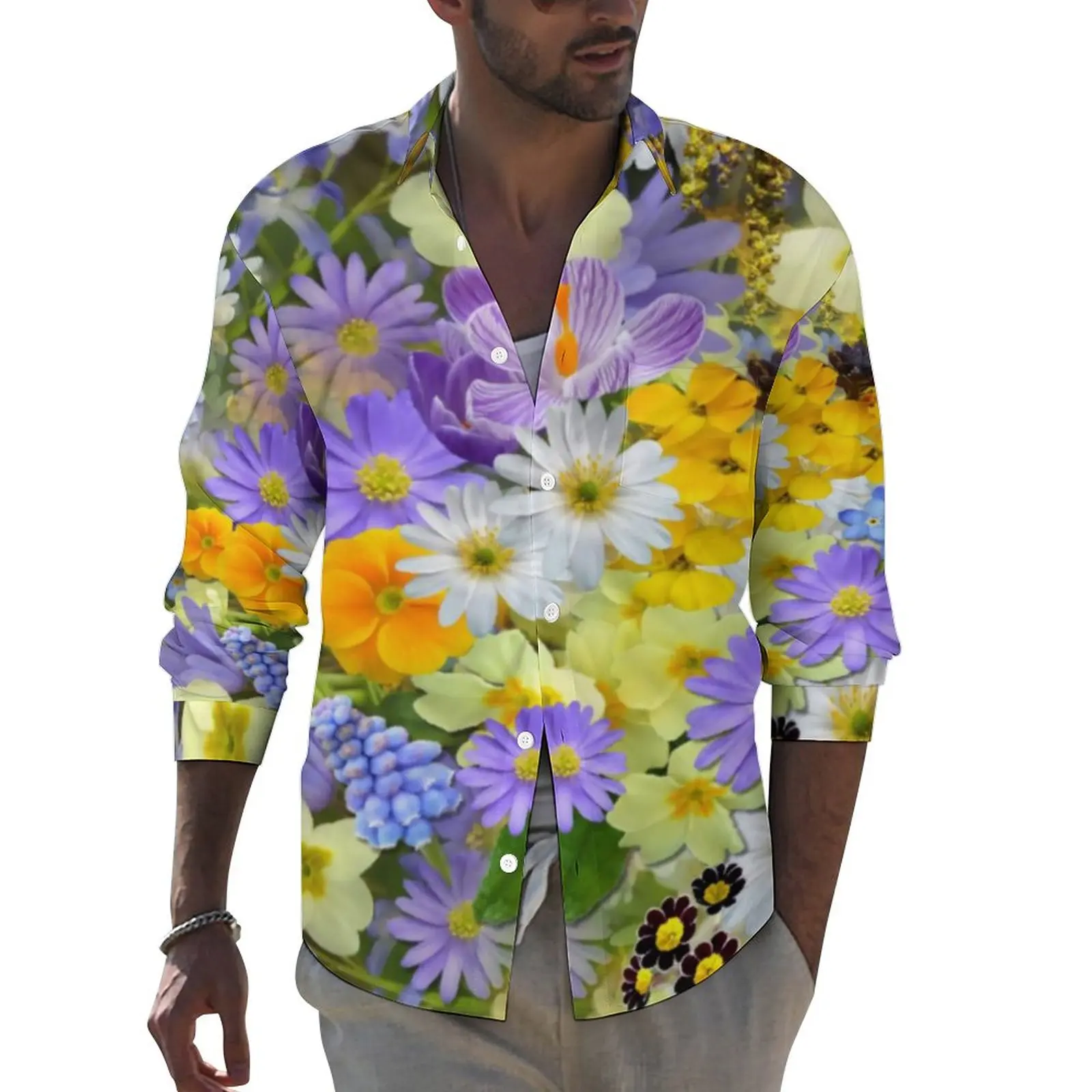 

Мужская рубашка с цветочным принтом, Повседневная Осенняя забавная рубашка с длинным рукавом, свободная одежда большого размера