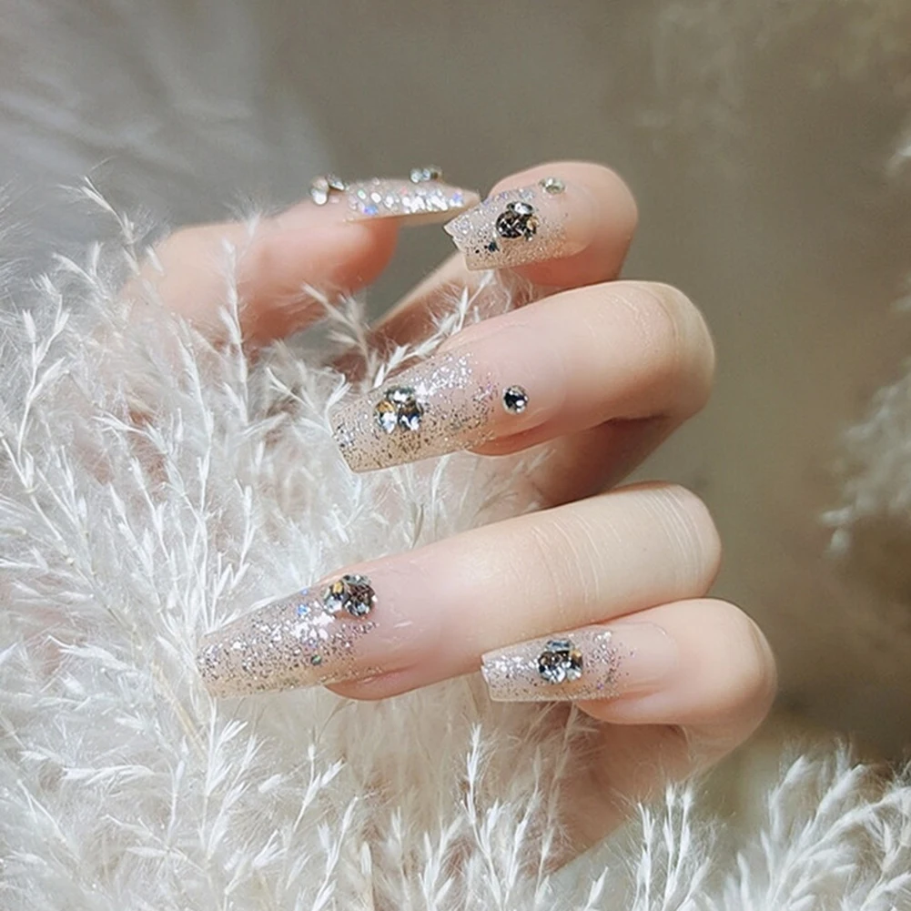 

24PCS Artificial Nails Sparkle Art Design Long Full Cover False Fingernails Artificial Nails with Jelly Gel/Glue MH88