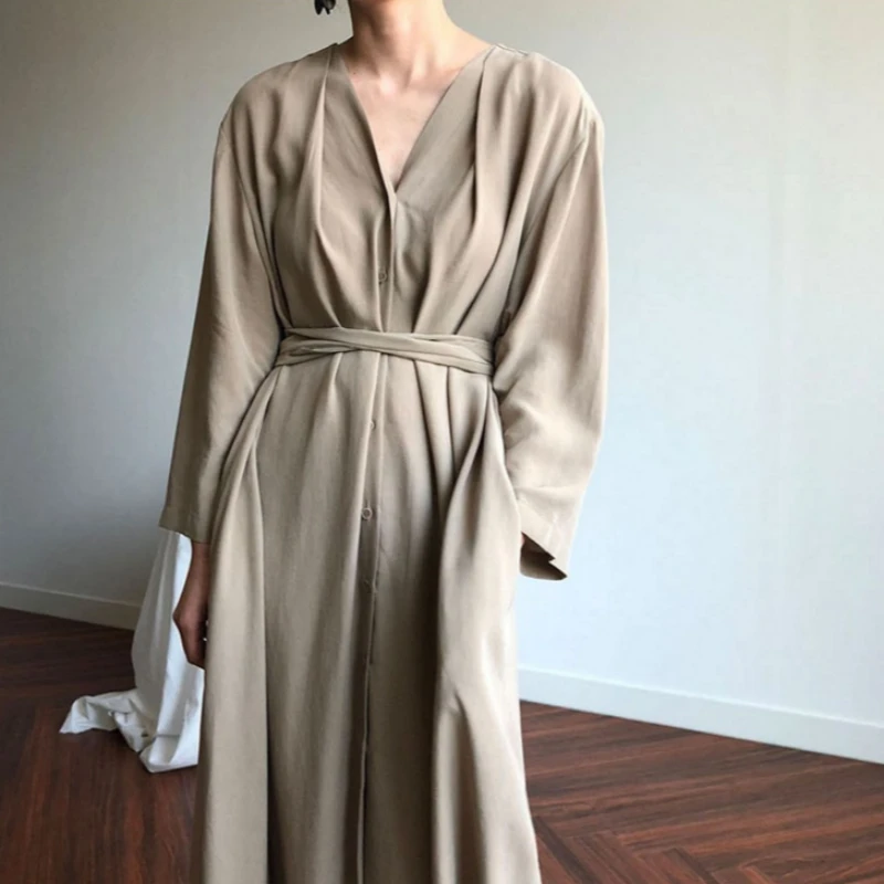 

Oversized Women Vintage Spring Autumn Chiffon Long Shirt Dress Sexy V-neck Sashes Full Sleeve Maxi Dresses Brief Solid Color
