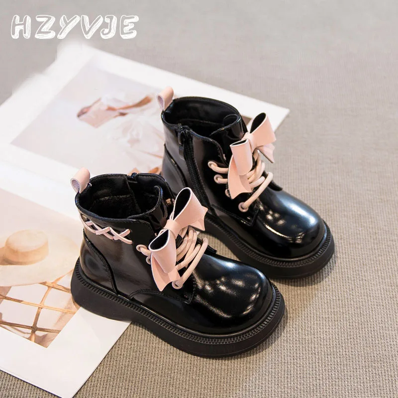 

Girl's Fashion Ankle Length Short Boots 2023 Autumn/Winter Plus Plush New Cute Bowknot British Style PU Leather Teen Trend Boots