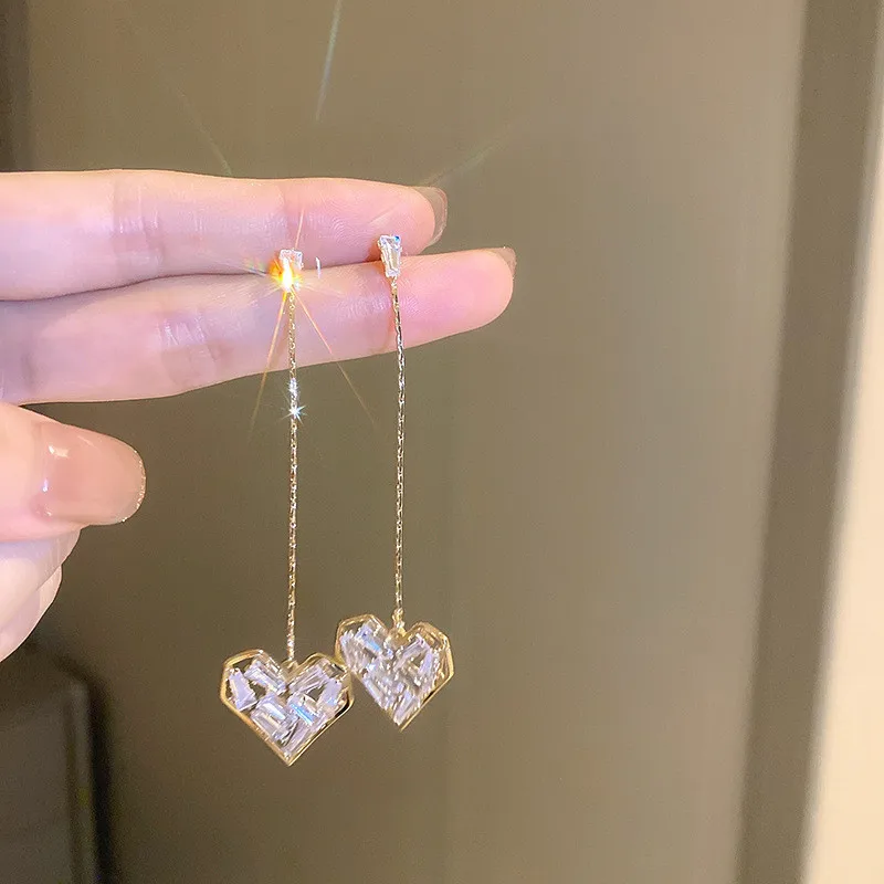 

Korean New Delicate Shine Zirconia Heart Pendant Earrings For Women Fashion Jewelry Love Crystal Long Drop Pendientes Brincos
