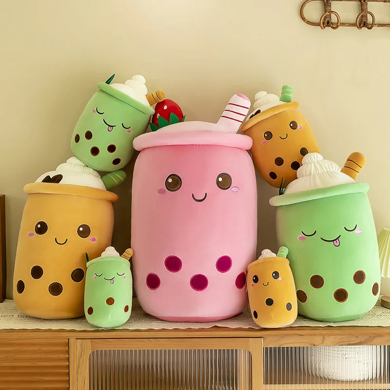 

24-70cm cute cartoon Fruit bubble tea cup shaped pillow with suction tubes real-life stuffed soft back cushion funny boba food