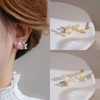 blue leaves pearls earring for women gentle simple design flower pearl dual purpose earrings travel wedding jewelry gift korean
