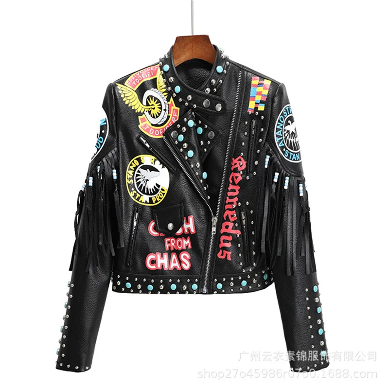 New European And American Women'S Leather Coat, Fashionable Printing, Color Contrast Rivet, Punk Rock Performance Motorcycle Sui enlarge