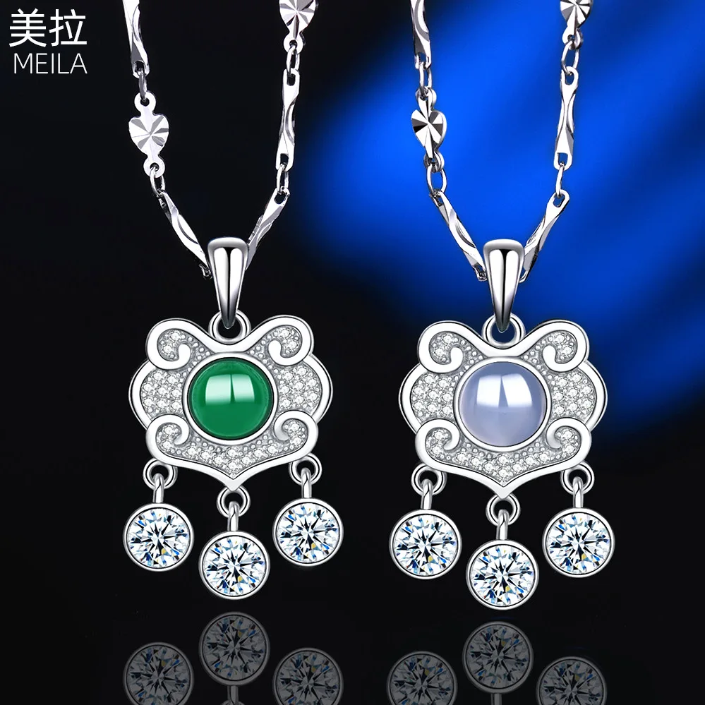 

Ping An Lock Jade Necklace Women's 925 Silver Ruyi Lock Agate Chalcedony Pendant Jade Decoration Ancient Style Necklace