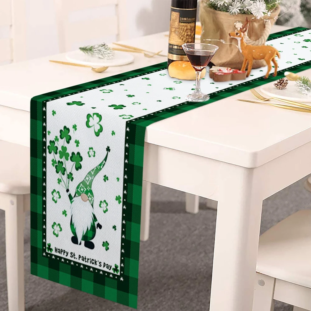 

St. Patrick's Day Table Runner Green Irish Clovers Embroidered Printed Table Runner for Holiday Parties Decor