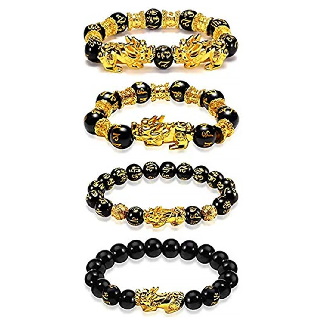 

4 шт., 12 мм, фэн-шуй, обсидиановый браслет, ювелирные изделия для женщин и мужчин, унисекс, подарок на счастье, камень, золотые, черные бусины ...