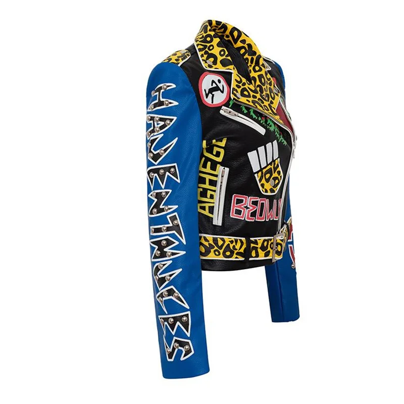Short rivet leather jacket women's graffiti print motorcycle clothing autumn and winter fashion personality clothes black blue