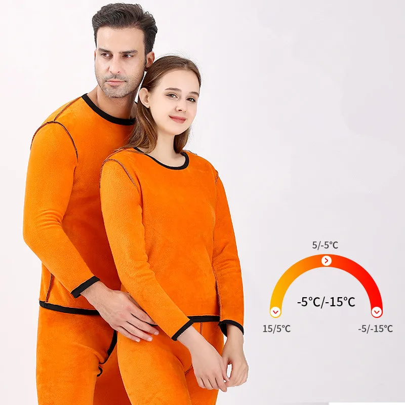 2pcs Set Underwear Winter Men's Long-sleeved Thermal Underwear Plus Velvet Padded Women T-shirt Round Neck Slim Bottoming Shirt
