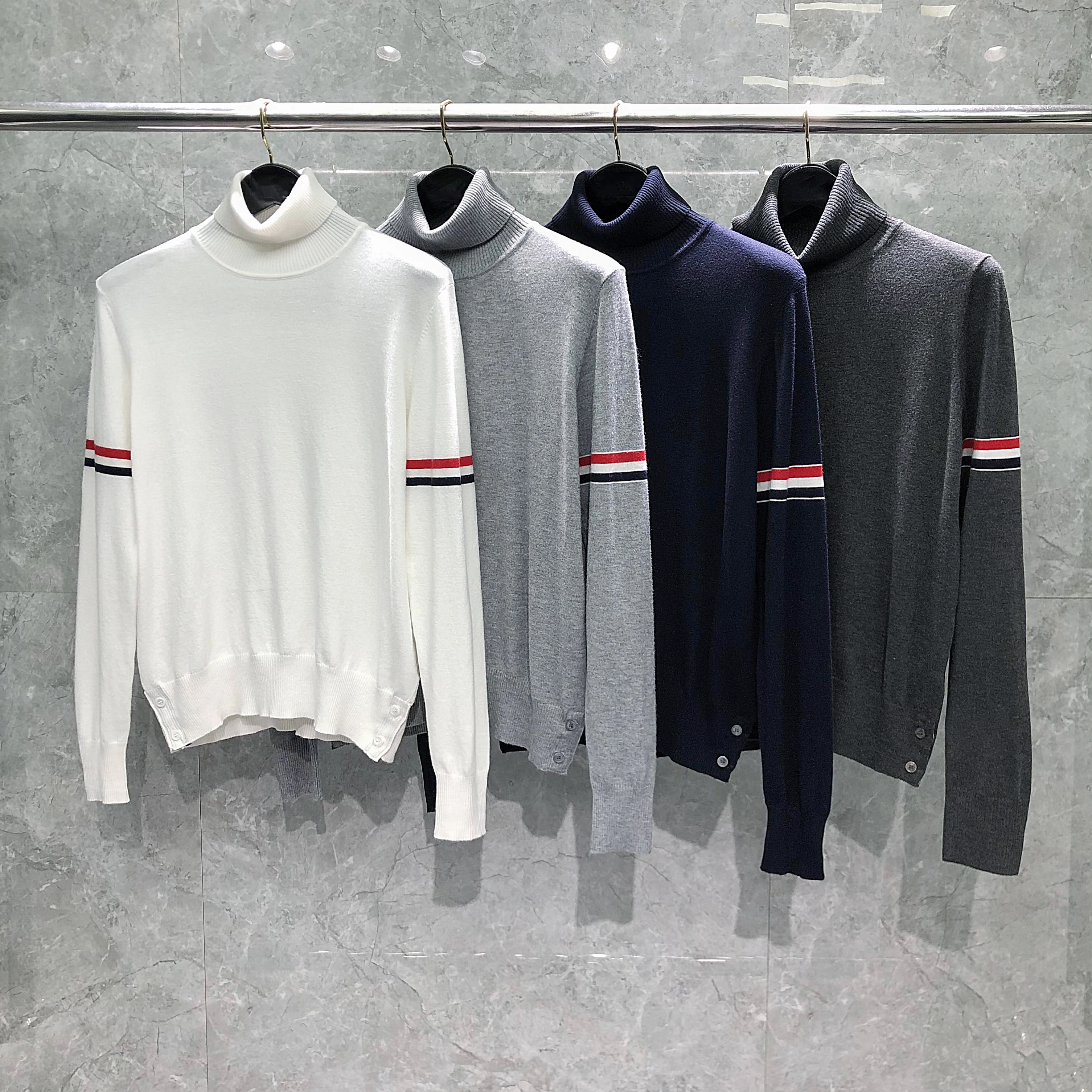TB THOM Men's Sweaters 2023 Classic Korean Fashion Brand Sweaters Double Armband Stripes Turtleneck Pullovers Casual Solid Tops