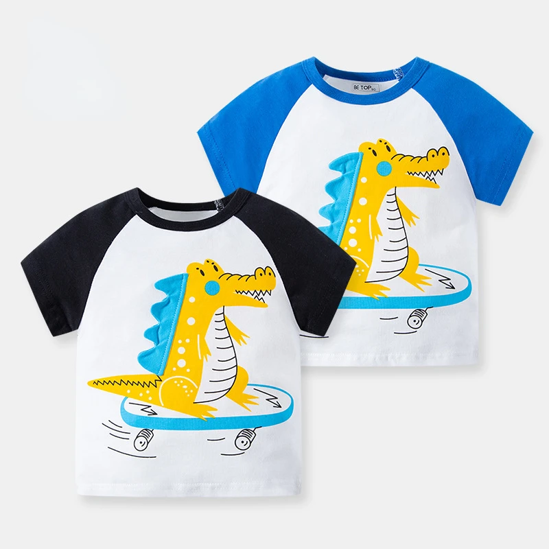 

2022 Summer Children's Wear Boys T-shirt Children's Short Sleeve Printed Cuff Western Style Baby Color Dinosaur Cartoon T-shirt
