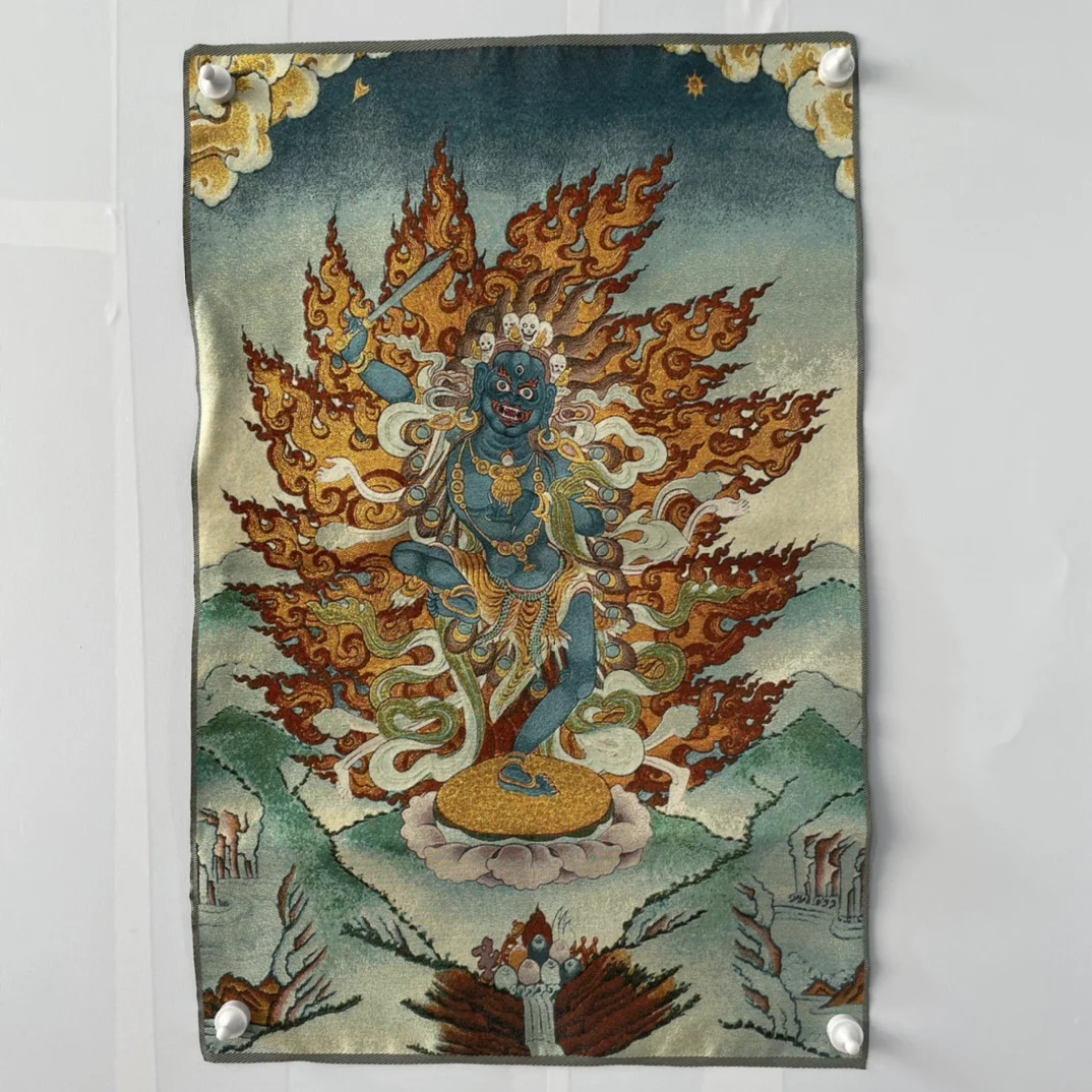 

35" Thangka embroidery Tibetan Buddhism silk embroidery Manjusri Sword skull Vajra Buddha Thangka hanging screen Town house