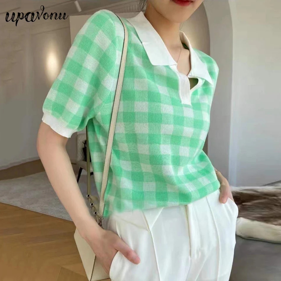 

Free Shipping 2022 Summer Dress New Plaid Knit Top Women's Fashion Lapel Short Sleeve Pullover Cropped Top Loose Polo Shirt