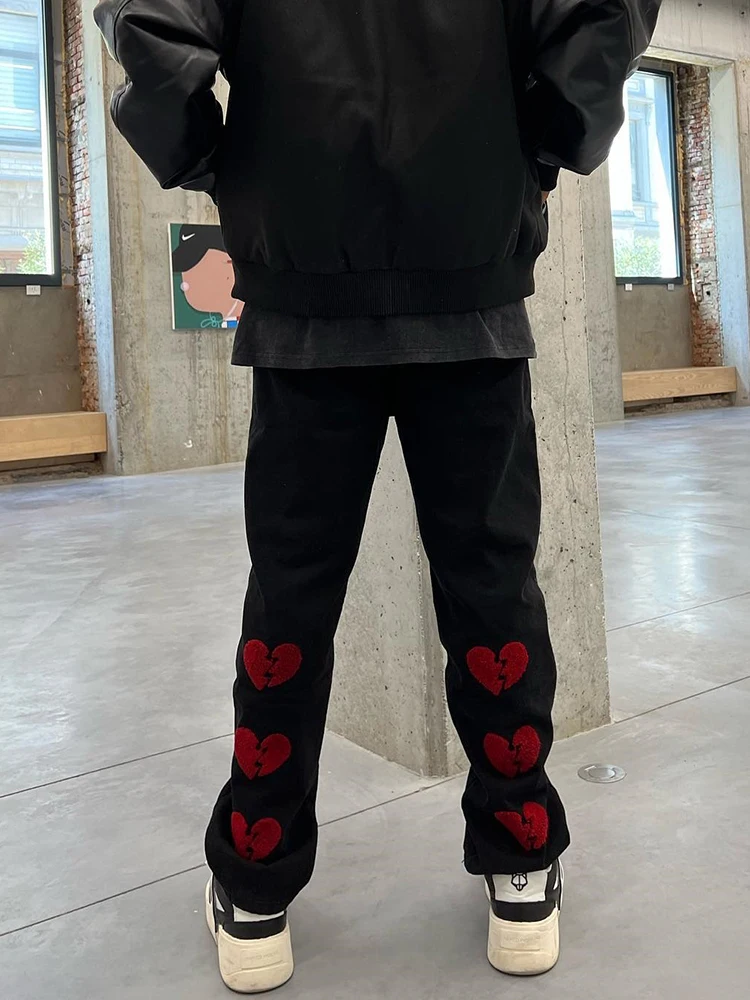 Black Vintage Jeans Men Latest Design Heart Character Patches Embroidered Casual Trousers Y2K Loose Straight Cotton Denim Pants
