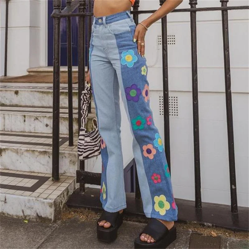 

Джинсы женские повседневные брюки с высокой талией Стрейчевые расклешенные джинсы с цветами