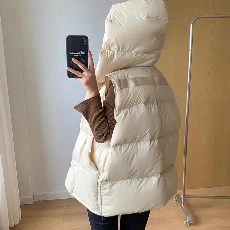 Winter New Vest Down Coat Women Short Thickened Loose Hooded White Duck Down for Women