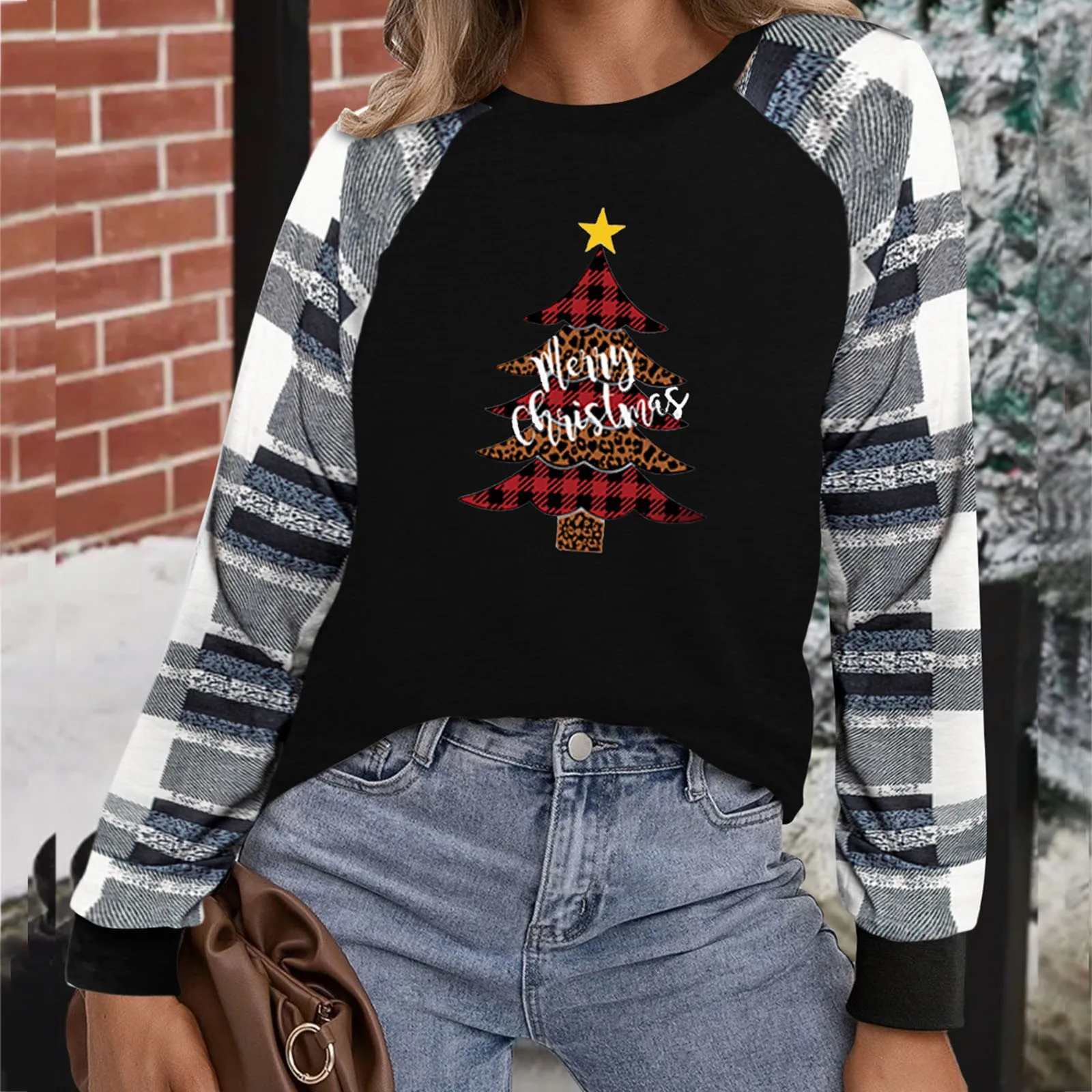 

Женская свободная футболка с круглым вырезом, длинным рукавом и принтом