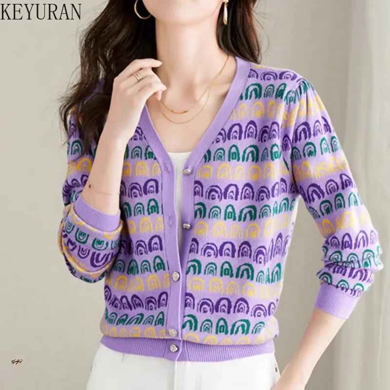 

Винтажный жаккардовый вязаный кардиган, свитер, куртка для женщин, весна-осень 2023, модная Свободная трикотажная одежда с V-образным вырезом и длинным рукавом, топы, джемпер