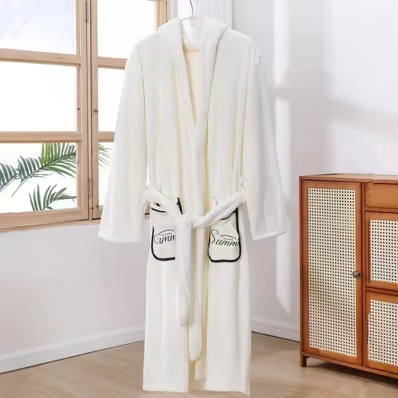 

Халат нового стиля 2025 года — банное полотенце с запахом, водостойкий халат из кораллового флиса для пары с длинными рукавами и капюшоном