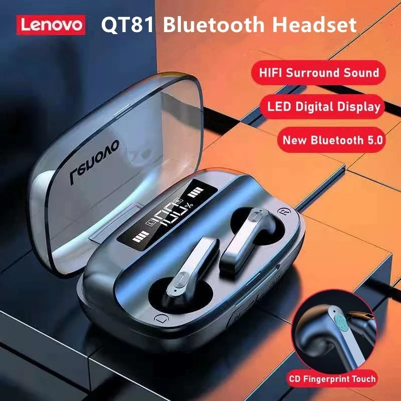 TWS-наушники Lenovo QT81 водонепроницаемые с поддержкой Bluetooth и микрофоном