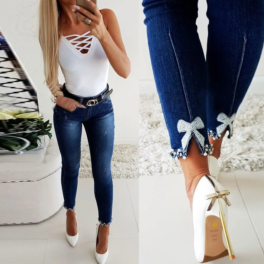 

2023 Spring New Slim Fit Butterfly Sticky Flower Studded Denim Pencil Pants