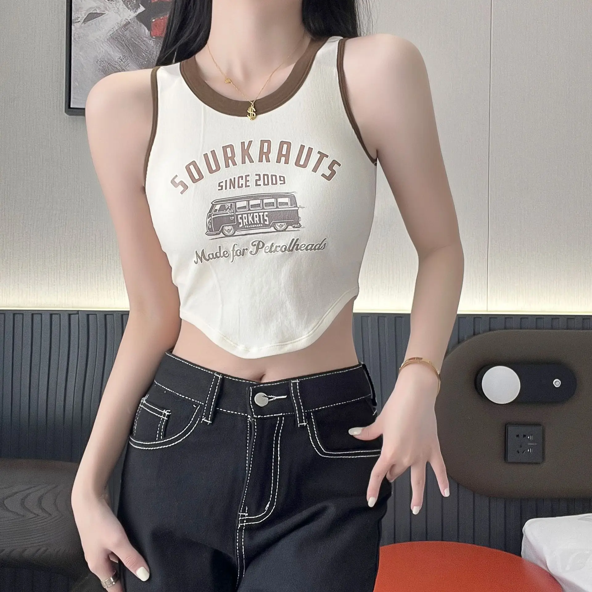 

New Han Edition Letter Condole Camisole Cultivate One's Morality Show Thin Outer Wear American Printing Color Short All-In-One