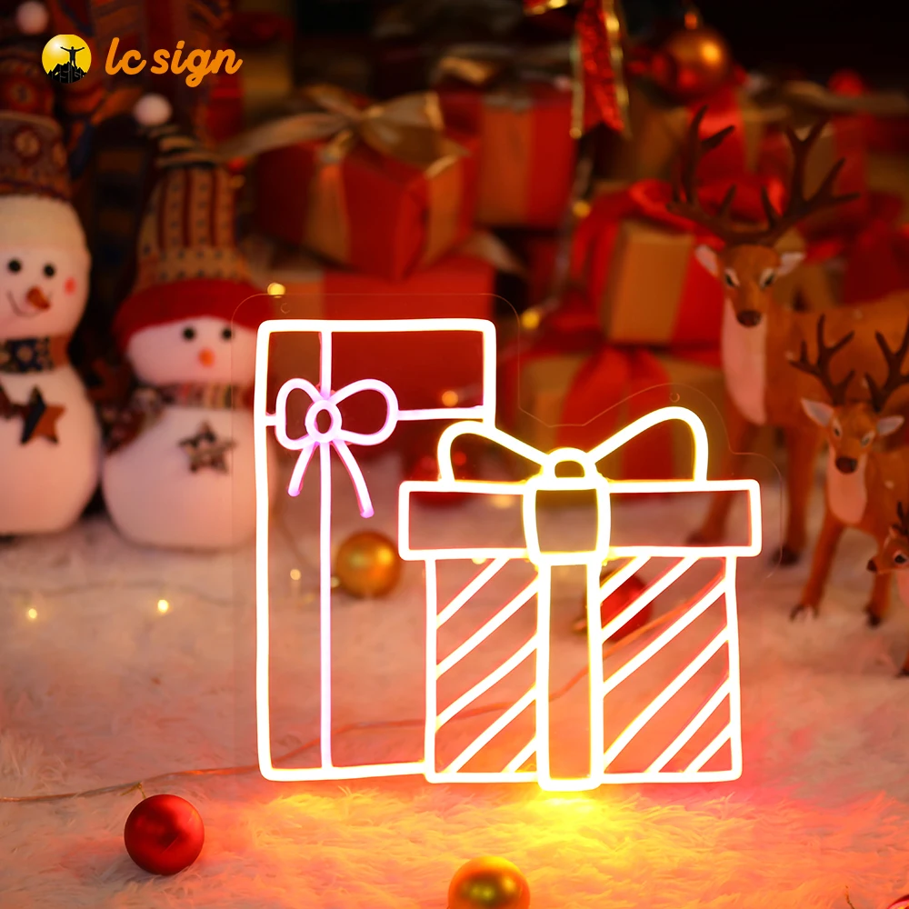 

Christmas gift box with pattern decoration neon holiday decorations outdoor party decoration lights