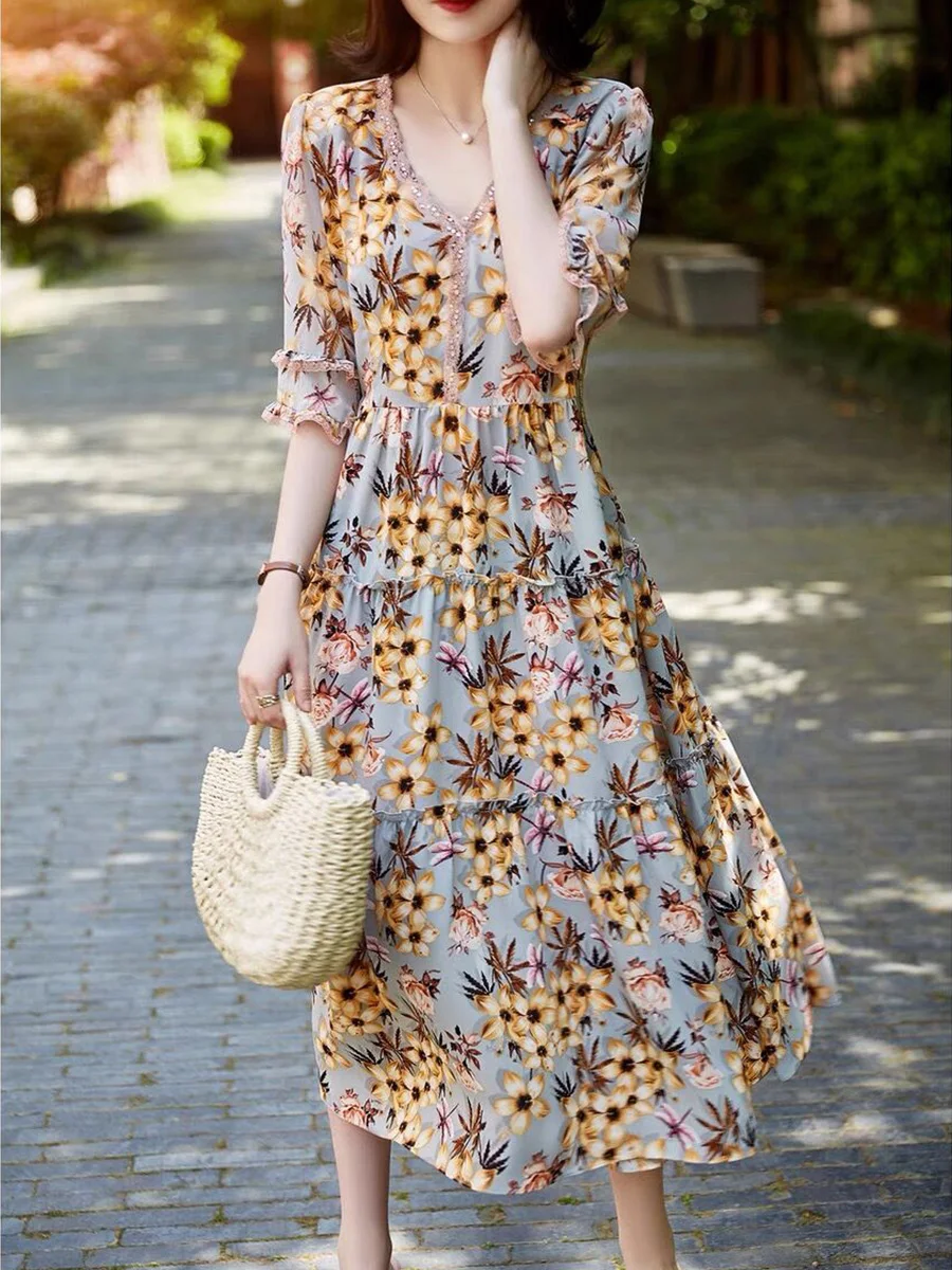 

New Women Fashion Dress Summer Casual Floral Printing Patchwork V-neck Half Sleeve Pullover Elegant Chic Ladies A-line Dress