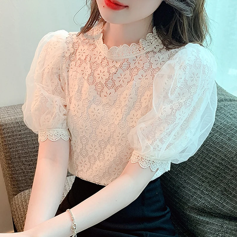 

Short Puff Sleeve White Shirt Summer Hollow Out Clothes Elegant Korean Fashion Stand Collar Tops Sweet Blouse Blusas 27168