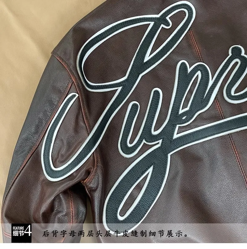 Высококачественная потертая куртка в стиле ретро коричневая из воловьей кожи Tea