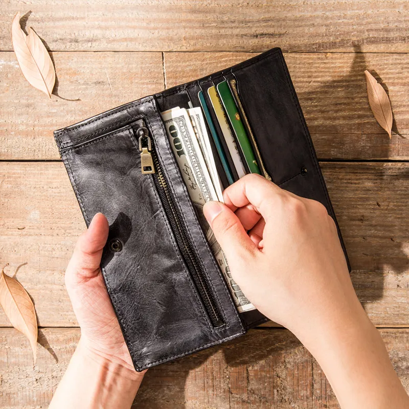 Fashion high quality natural genuine leather men black long wallet simple casual real leather credit card multi-card coin purse