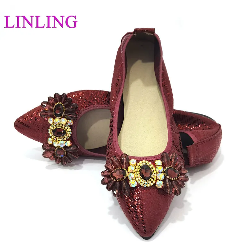 2022 Womens Foldable Soft Ballet Flats Buckle Comfortable Slip on Flat Ballerinas Rhinestone Pointed Shoes Woman Leather 35-43
