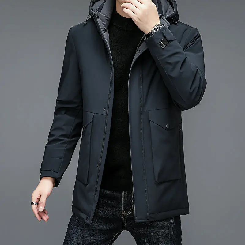 2022 Winter Men Basic Puffer Parkas Navy Blue Black Hooded Thicken Puff Coats Male Smart Casual Warm Thermal Overcoats Outerwear