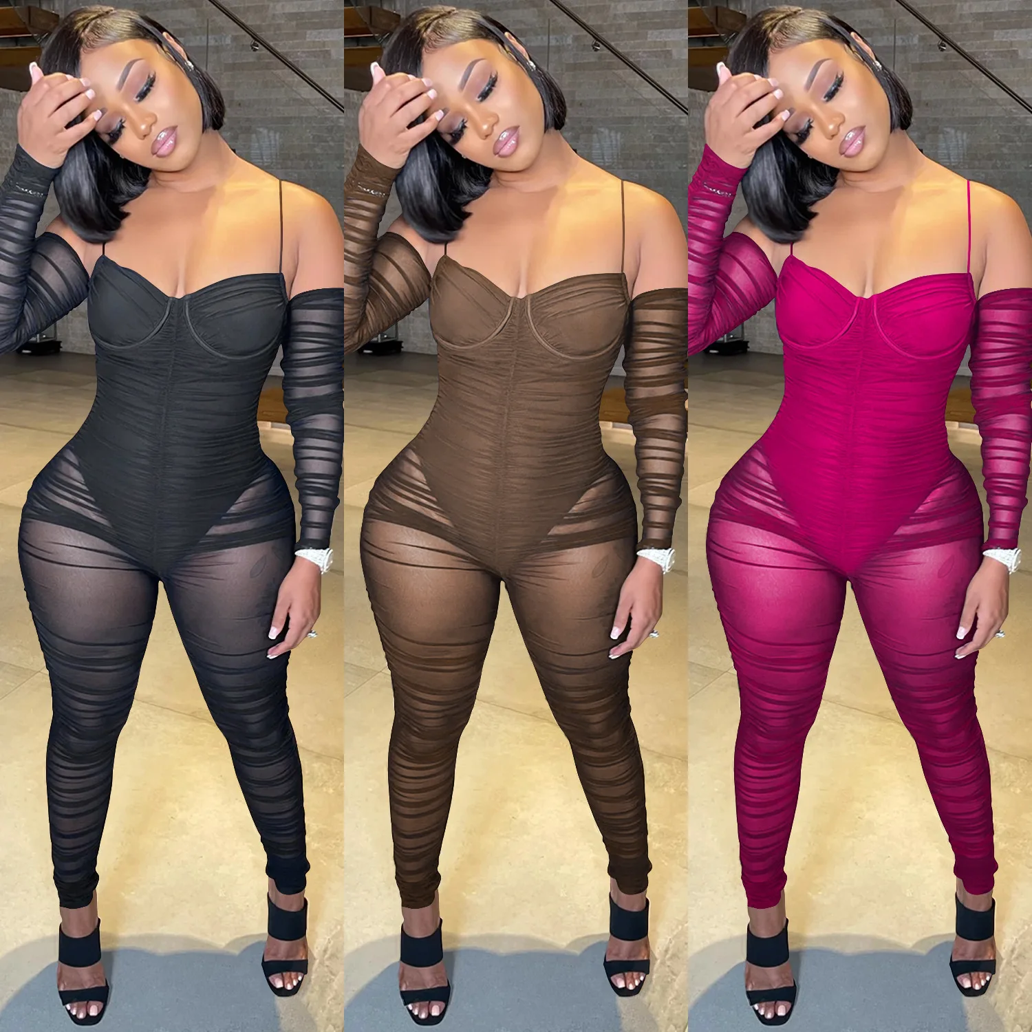 

Женский прозрачный комбинезон Casaul, однотонный Длинный комбинезон с вырезом лодочкой для вечерние и ночных клубов, уличная одежда