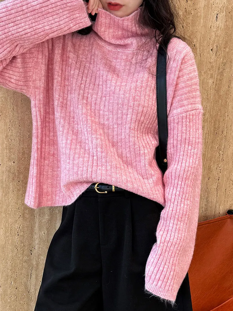 

Lazy Loose Fit Pink High Neck Knitted Sweater Women’s New Spring Winter Korean Style High Waist Pullover Knitwear for Outerwear